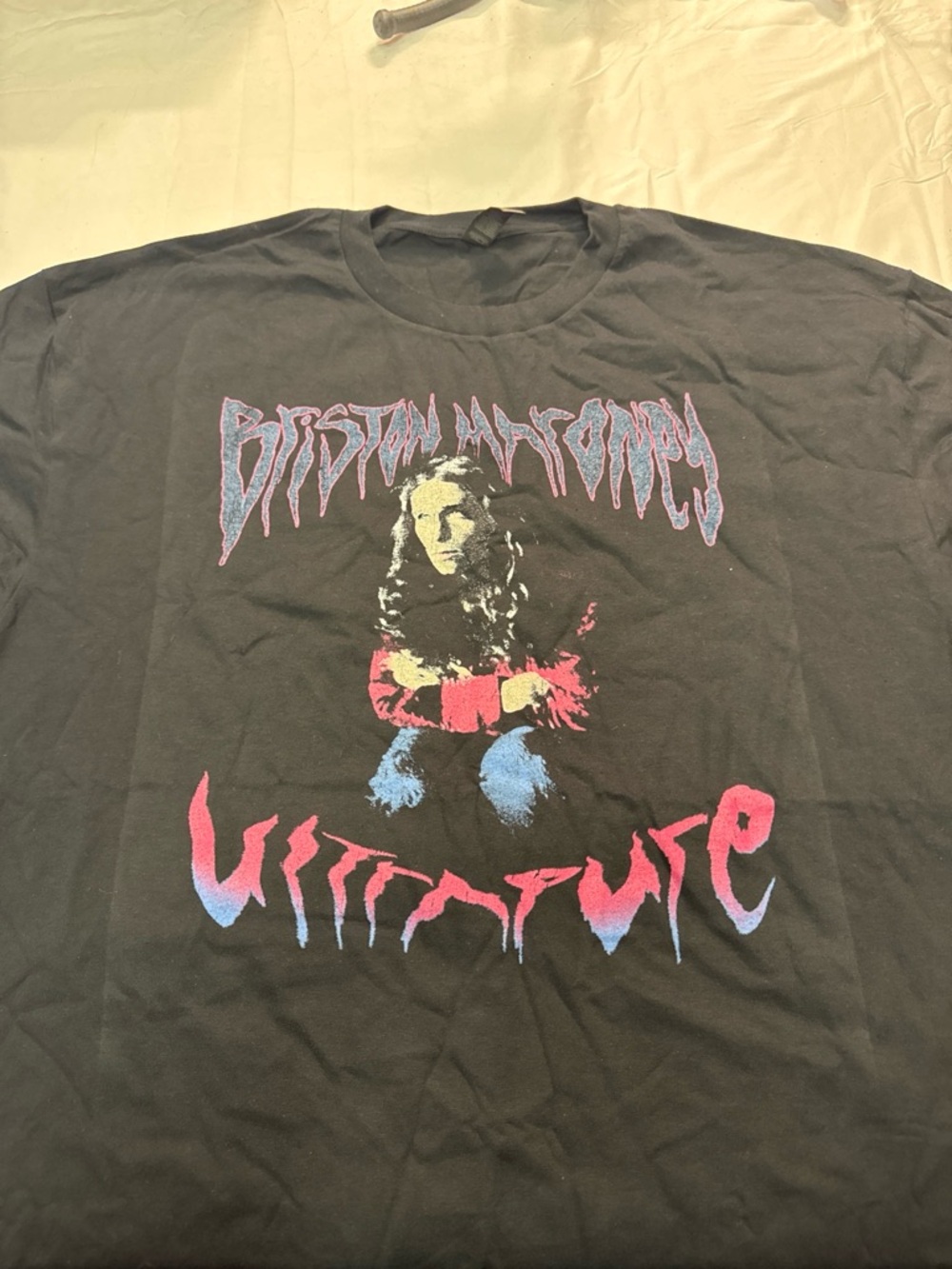 Gildan Black Graphic Tee with Pink and Blue Band Art